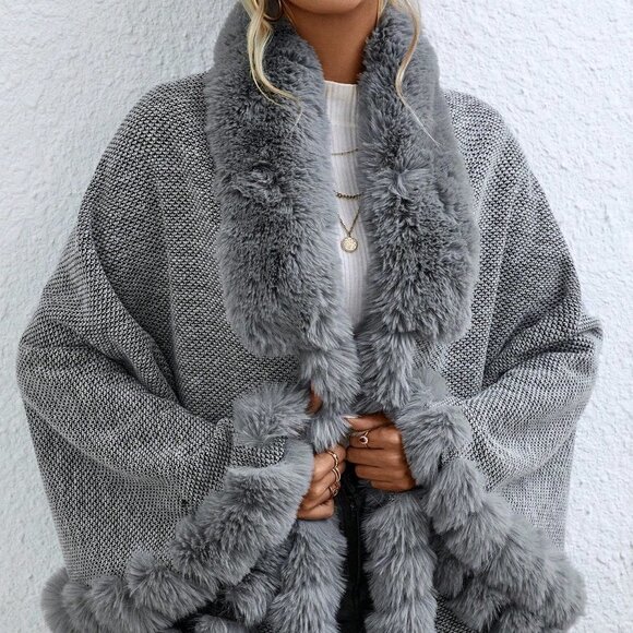 Grey Casual Womens Fuzzy Trim Cape Cardigan - Picture 1 of 5